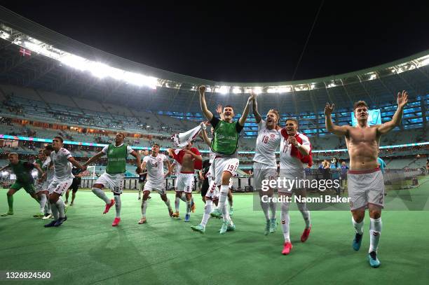 Players of Denmark celebrate their side's victory after the UEFA Euro 2020 Championship Quarter-final match between Czech Republic and Denmark at...