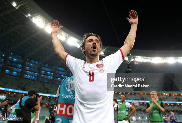 Thomas Delaney of Denmark celebrates their side's victory after the UEFA Euro 2020 Championship Quarter-final match between Czech Republic and...