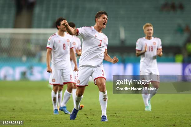 Jannik Vestergaard of Denmark celebrates after victory in the UEFA Euro 2020 Championship Quarter-final match between Czech Republic and Denmark at...