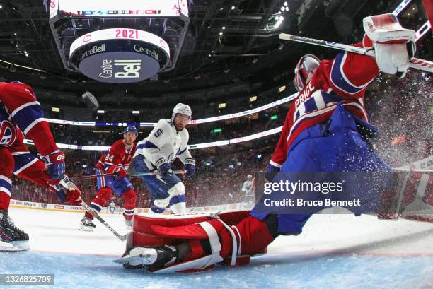 Tyler Johnson of the Tampa Bay Lightning scores against Carey Price of the Montreal Canadiens during Game Three of the 2021 NHL Stanley Cup Final at...