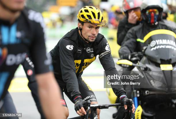 Primoz Roglic of Slovenia and Jumbo - Visma crosses the finish line during stage 8 of the 108th Tour de France 2021, a stage of 151 km between...