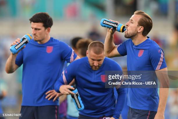 Harry Kane of England takes a drink during the UEFA Euro 2020 Championship Quarter-final match between Ukraine and England at Olimpico Stadium on...
