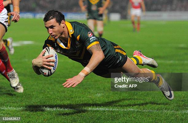 Australia's Darius Boyd scores a try on November 13, 2011 during a Four Nations rugby league test match between Wales and Australia at The Racecourse...