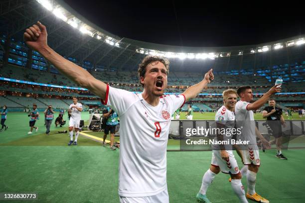 Thomas Delaney of Denmark celebrates after victory in the UEFA Euro 2020 Championship Quarter-final match between Czech Republic and Denmark at Baku...