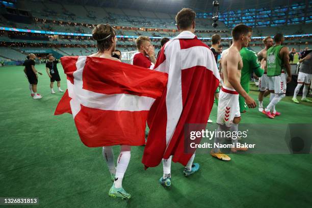 Mathias Jensen and Joachim Andersen of Denmark celebrate after victory in the UEFA Euro 2020 Championship Quarter-final match between Czech Republic...