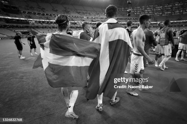 Mathias Jensen and Joachim Andersen of Denmark celebrate after victory in the UEFA Euro 2020 Championship Quarter-final match between Czech Republic...