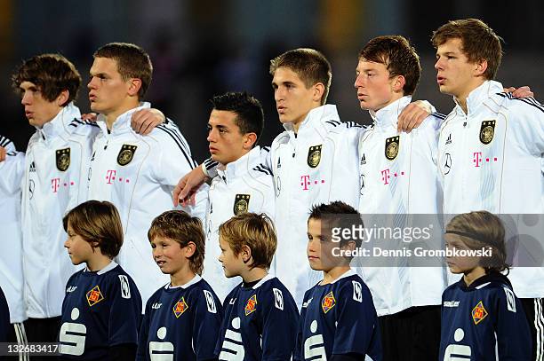 Players of Germany line up for the national anthem ahead of the U18 International Friendly match between Germany and Belgium at Oberwerth stadium on...