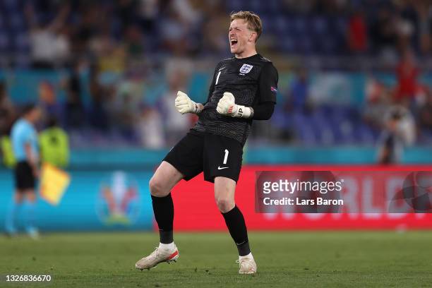 Jordan Pickford of England celebrates their side's second goal scored by Harry Maguire during the UEFA Euro 2020 Championship Quarter-final match...