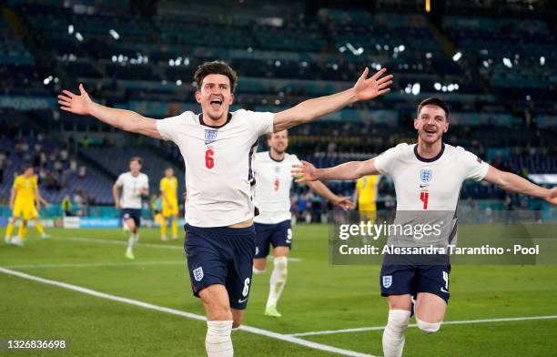 Harry Maguire of England celebrates with Declan Rice after scoring their side's second goal during the UEFA Euro 2020 Championship Quarter-final...