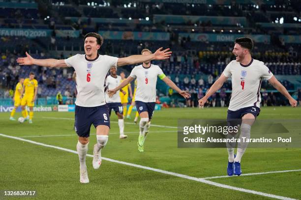 Harry Maguire of England celebrates with Declan Rice after scoring their side's second goal during the UEFA Euro 2020 Championship Quarter-final...
