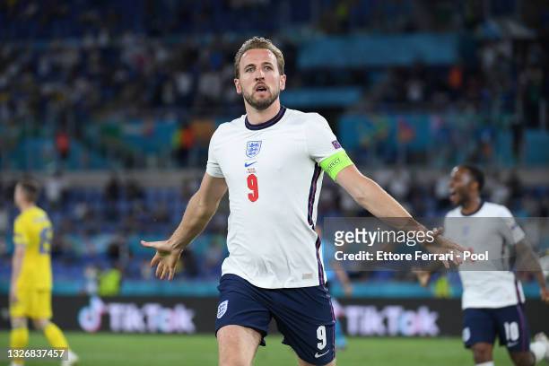 Harry Kane of England celebrates after scoring their side's third goal during the UEFA Euro 2020 Championship Quarter-final match between Ukraine and...