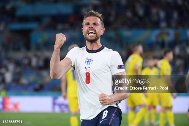 Jordan Henderson of England celebrates after scoring their side's fourth goal during the UEFA Euro 2020 Championship Quarter-final match between...