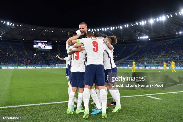 Jordan Henderson of England celebrates with Luke Shaw and team mates after scoring their side's fourth goal during the UEFA Euro 2020 Championship...