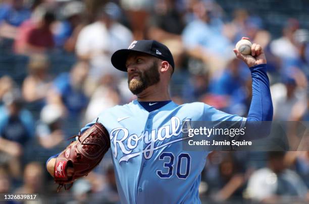 Starting pitcher Danny Duffy of the Kansas City Royals pitches during the 1st inning of the game against the Minnesota Twins at Kauffman Stadium on...