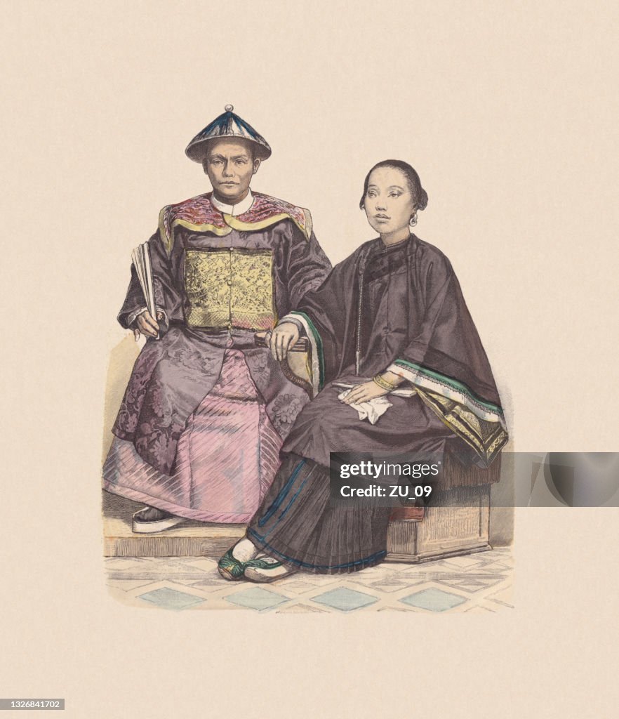 19th century, Chinese costumes, hand-colored wood engraving, published ca. 1880
