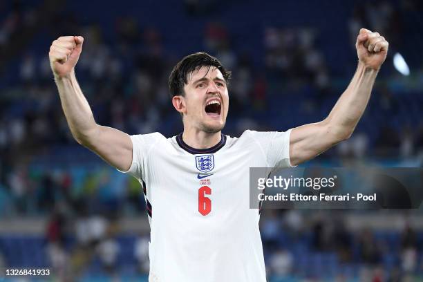 Harry Maguire of England celebrates after victory in the UEFA Euro 2020 Championship Quarter-final match between Ukraine and England at Olimpico...