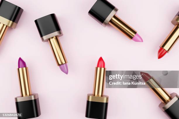 collection of colorful lipsticks on trendy pastel pink background. 3d banner. - human lips stock photos et images de collection