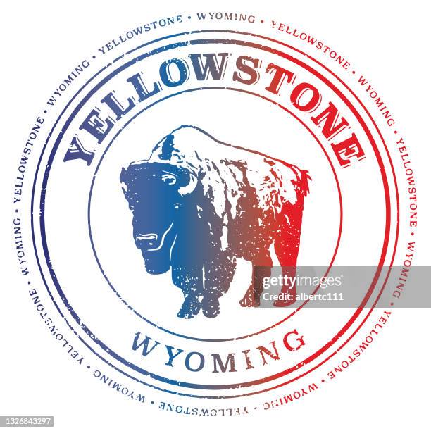 yellowstone wyoming retro reisestempel - buffalo stock-grafiken, -clipart, -cartoons und -symbole