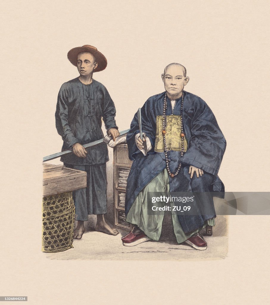 19th century, Chinese costumes, hand-colored wood engraving, published ca. 1880