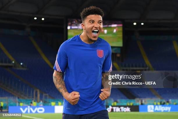 Jadon Sancho of England celebrates following victory in the UEFA Euro 2020 Championship Quarter-final match between Ukraine and England at Olimpico...