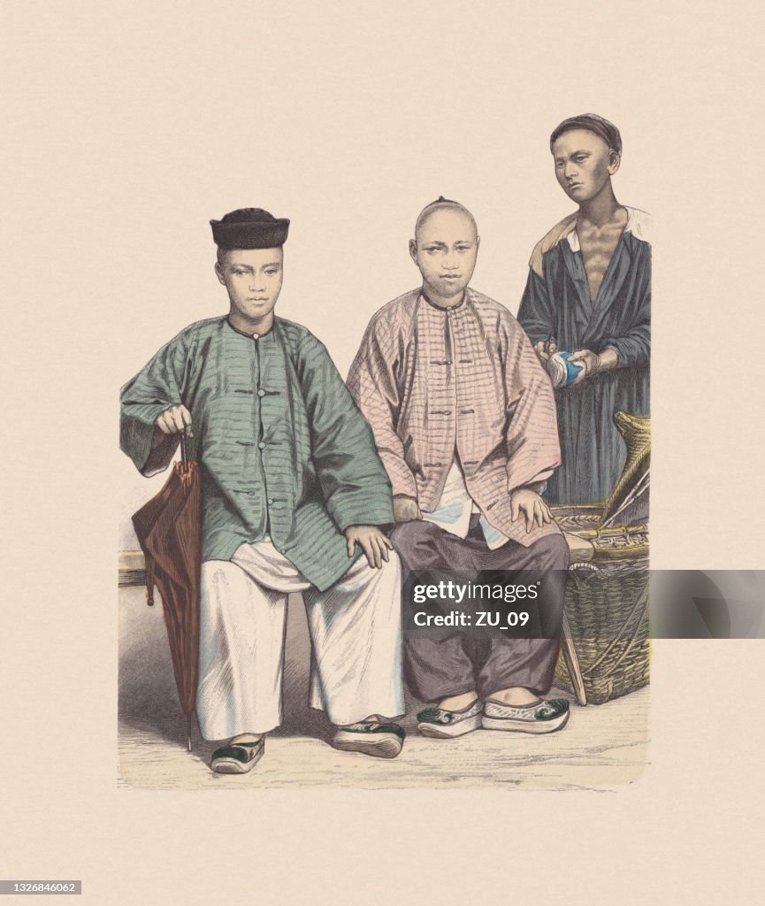 19th century, Chinese costumes, hand-colored wood engraving, published ca. 1880