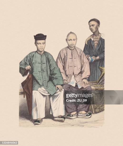 19th century, chinese costumes, hand-colored wood engraving, published ca. 1880 - peranakan culture stock illustrations