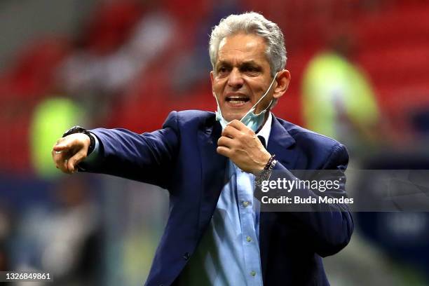 Head coach of Colombia Reinaldo Rueda reacts during a quarter-final match of Copa America Brazil 2021 between Colombia and Uruguay at Mane Garrincha...