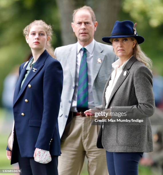 Lady Louise Windsor, Prince Edward, Earl of Wessex and Sophie, Countess of Wessex watch the carriage driving marathon event as they attend day 3 of...