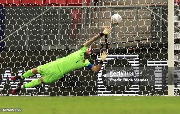 David Ospina of Colombia dives to make a save in a penalty shootout after a quarter-final match of Copa America Brazil 2021 between Colombia and...
