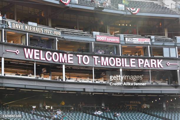General view of the Welcome To T-Mobile Park sign before the game between the Seattle Mariners and the Texas Rangers at T-Mobile Park on July 03,...
