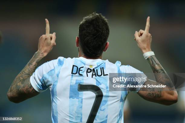 Rodrigo De Paul of Argentina celebrates after scoring the first goal of his team during a quarter-final match of Copa America Brazil 2021 between...