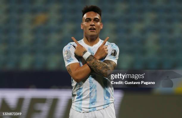 Lautaro Martinez of Argentina celebrates after scoring the second goal of his team during a quarter-final match of Copa America Brazil 2021 between...