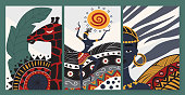 African people dance in ethnic abstract tribal pattern set, folk traditional ornament