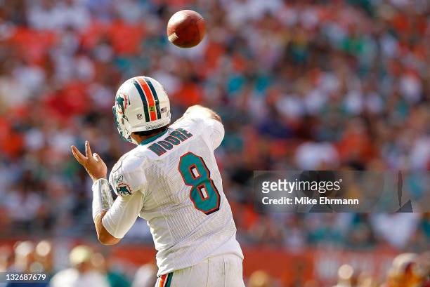 Matt Moore of the Miami Dolphins passes during a game against the Washington Redskins at Sun Life Stadium on November 13, 2011 in Miami Gardens,...