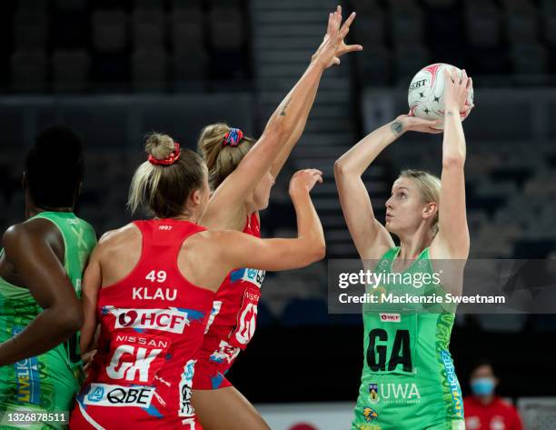 Sasha Glasgow of the Fever looks to shoot during the round nine Super Netball match between Sydney Swifts and West Coast Fever at John Cain Arena, on...