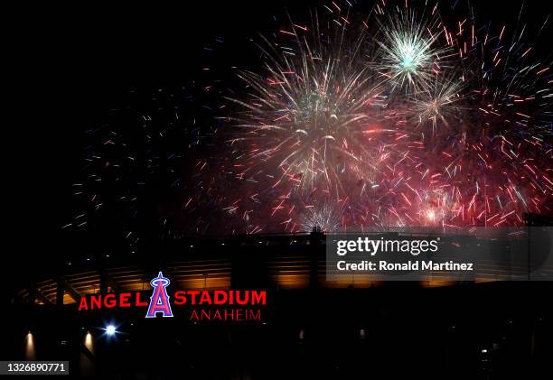 Fireworks at Angel Stadium of Anaheim after a game between the Baltimore Orioles and the Los Angeles Angels on July 03, 2021 in Anaheim, California.