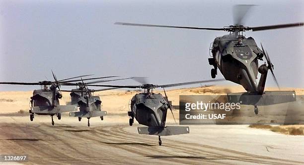 Army Black Hawk helicopters lift off October 6, 1999 during Exercise Bright Star ''99/00 at Cairo West Air Base in Egypt. The Department of Defense...