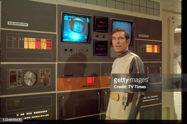 Actor Martin Landau in character as Commander John Koenig on the set of science fiction series Space 1999, circa 1975.