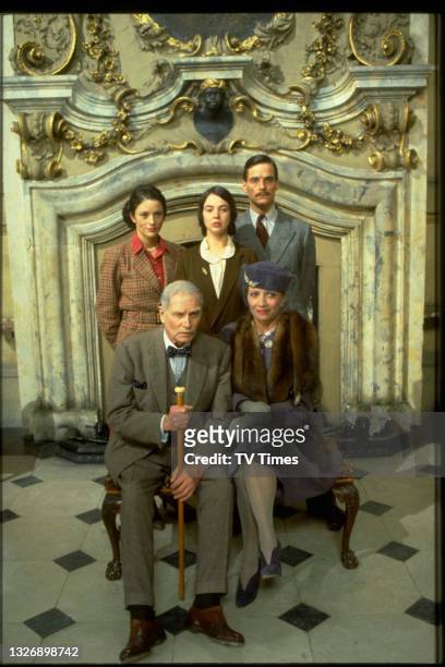 Diana Quick, Phoebe Nicholls, Jeremy Irons, Stephane Audran and Laurence Olivier on the set of period drama Brideshead Revisited, circa 1981.