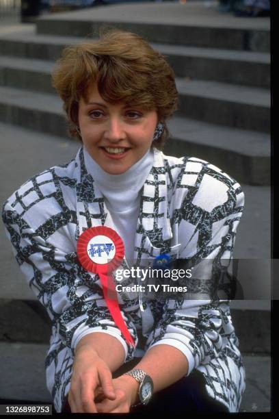 Television presenter Anne Diamond photographed at the launch of the ITV Telethon, circa May 1990.