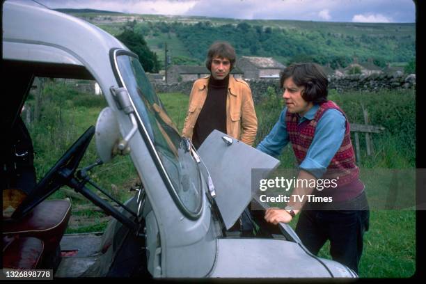 Actors Frazer Hines and Andrew Burt in character as Joe and Jack Sugden in television soap Emmerdale Farm, circa 1972.