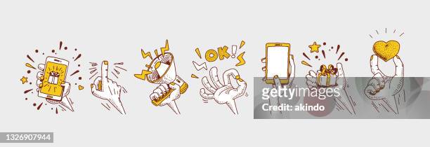 hand gesture set - smartphone in hand stock illustrations