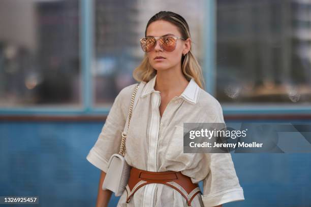 Alessa Winter wearing full Fendi look and beige Bulgari leather bag on June 27, 2021 in Berlin, Germany.