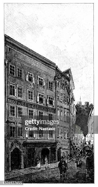 mozart's birth place - train window stock illustrations