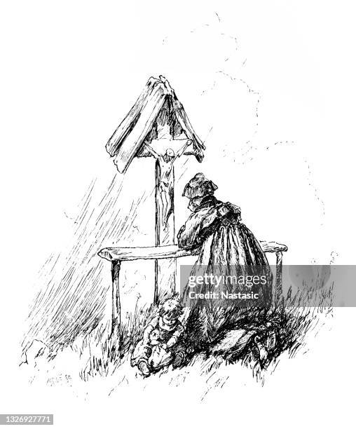 evening prayer in front of the field cross - foot worship stock illustrations