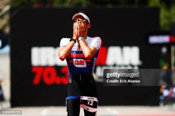 Michelle Sarzilla of Italy celebrates his second position of IRONMAN Andorra on July 04, 2021 in Andorra la Vella, Andorra.