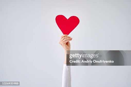 Female's hand holding red heart against white grey background. Female's hand holding red heart against white grey background.