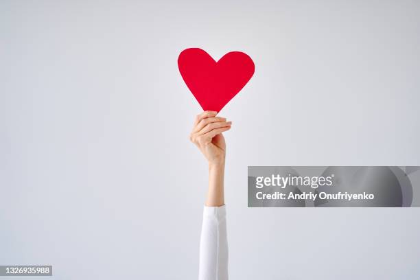 female's hand holding red heart against white grey background. - justice concept stock pictures, royalty-free photos & images