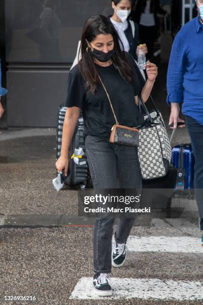 Actress Leila Bekhti arrives for the 74th annual Cannes Film Festival at Nice Airport on July 04, 2021 in Nice, France.