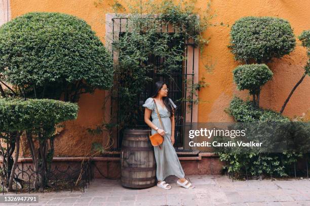 woman in maxi dress standing in front of yellow wall with plants - langes kleid stock-fotos und bilder